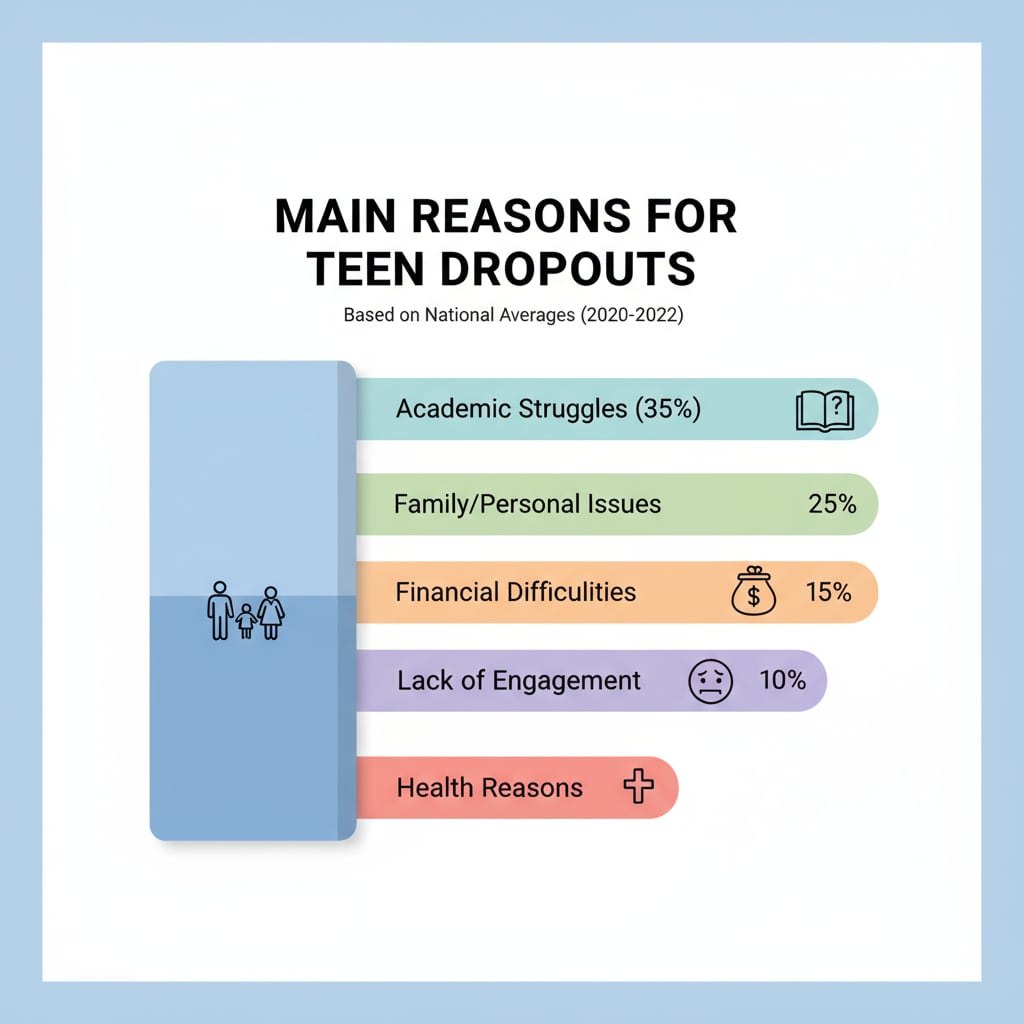 A graph presenting statistical data on the main reasons why teenagers drop out of school, with labels for each category. Statistical graph showing reasons relevant to dropouts, GED, and educational choices for teenagers.