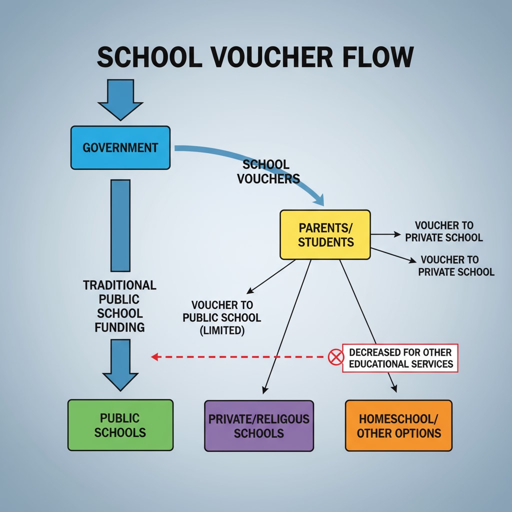 An illustration with arrows showing the flow of school vouchers from the government to parents and then to different schools, highlighting the connection to public school funding. School vouchers and their impact on public school funding
