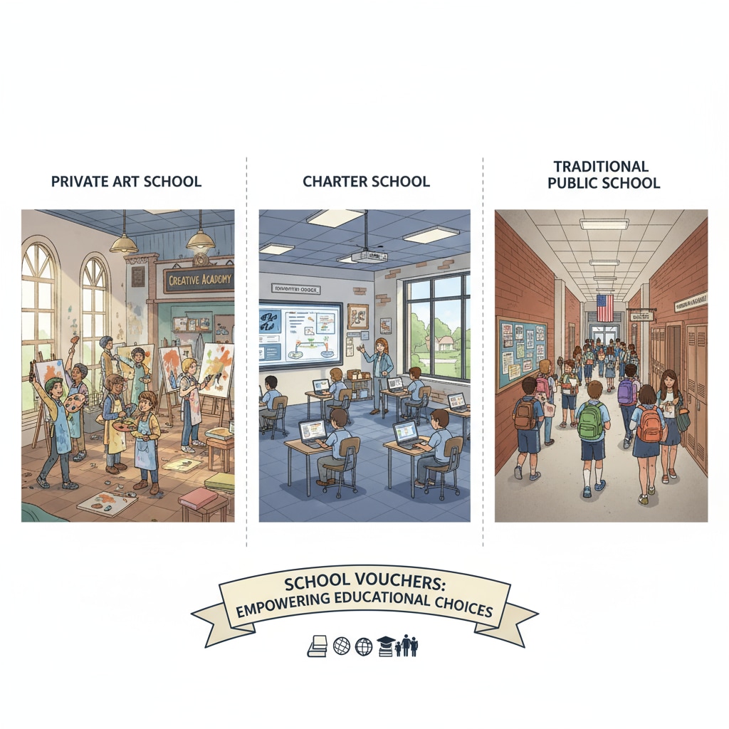 A visual representation of students in various school environments such as a private art school, a charter school, and a traditional public school, depicting the diverse educational options due to school vouchers. Diverse educational options brought by school vouchers and its relation to public school funding
