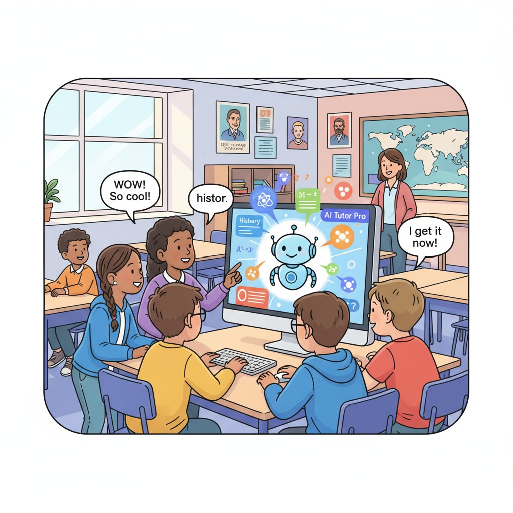 Students are gathered around a computer, interacting with AI - based educational software in a K12 classroom setting. Students using AI tools in a K12 classroom related to artificial intelligence policies, academic integrity, and skill depreciation