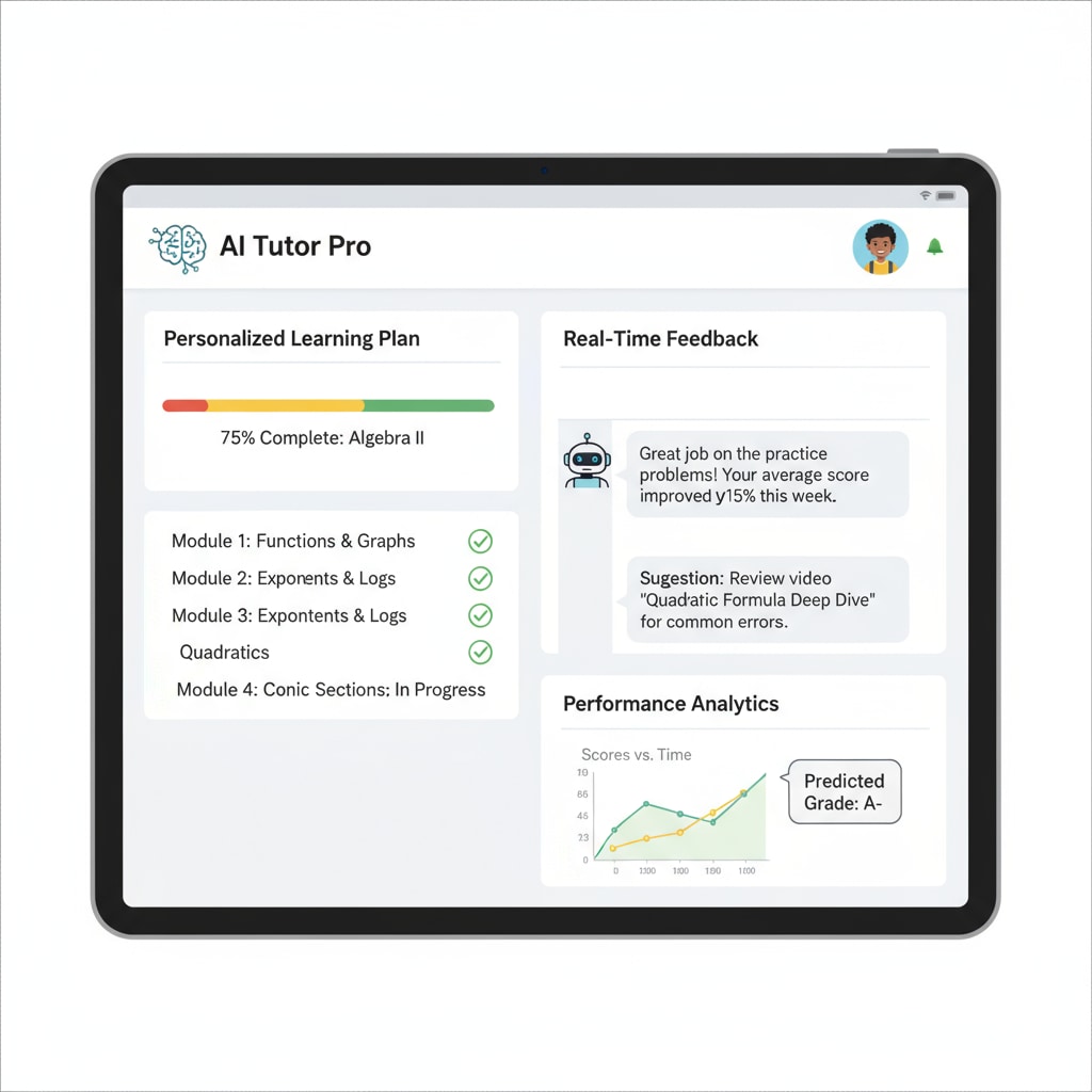 A screenshot of an AI - powered educational software interface showing features like personalized learning plans and real - time feedback. AI - powered educational software interface relevant to artificial intelligence policies, academic integrity, and skill depreciation