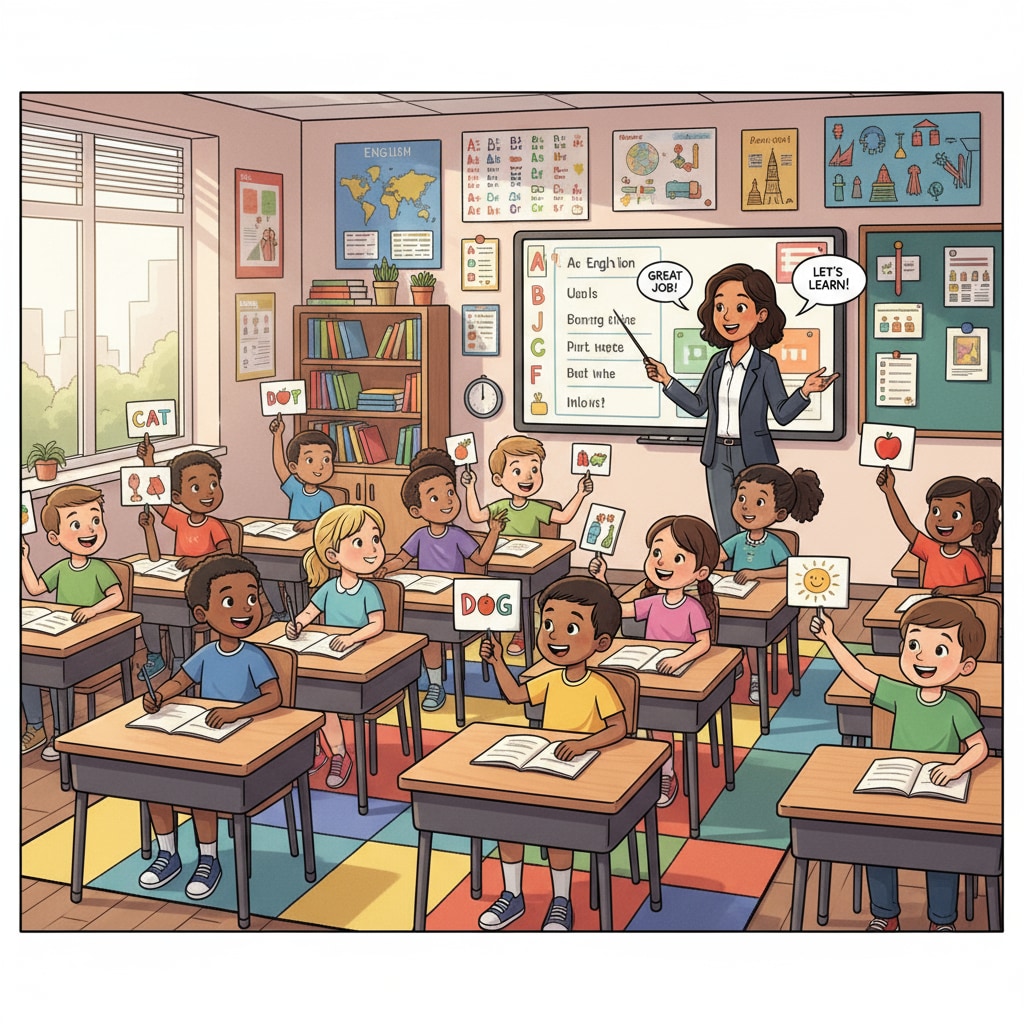 A classroom scene shows young students sitting at their desks, actively participating in an English learning activity. The teacher is leading the class, and the students have smiles on their faces, indicating their enjoyment of the process. Early primary students actively involved in an English learning activity in a classroom related to second language teaching methods