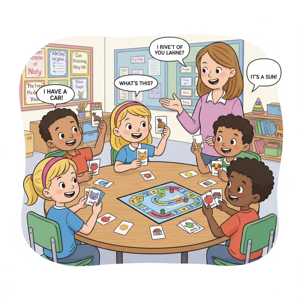 A group of early primary students are gathered around a table, playing an English language learning game. They are holding cards and interacting with each other, having a great time while learning English. Early primary students playing an English language learning game as part of second language teaching methods