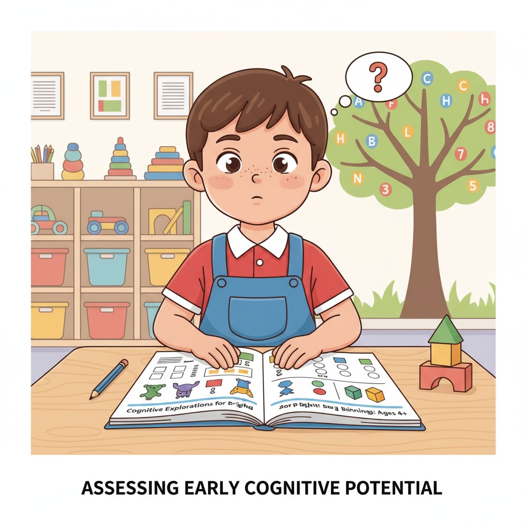 A child sitting at a table, looking at an assessment booklet, which is related to the intelligence assessments for four-year-olds in the context of gifted programs. A child engaged in an intelligence assessment, relevant to gifted education, kindergarten admissions, and education policies.