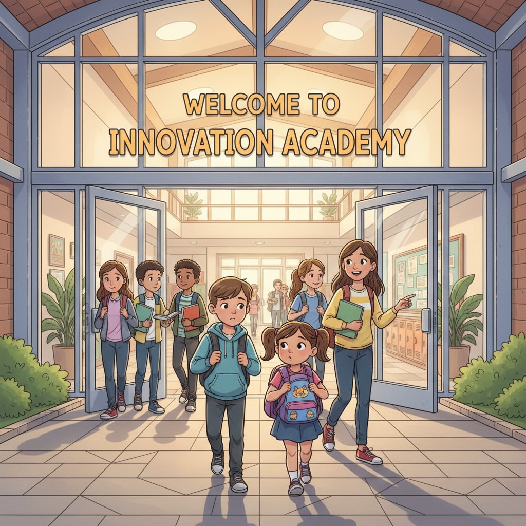 A group of K12 students are entering a new school building. Their faces show a mix of curiosity and nervousness as they start a new chapter in their educational journey. K12 students adapting to a new school environment during a school transition as part of educational research on student adaptation