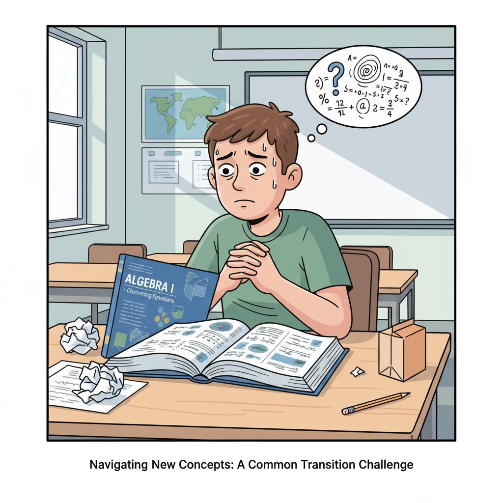 A single K12 student is sitting at a desk. There is a new textbook open in front of them, and they have a stressed expression on their face as they try to understand the new material, which is a common situation during school transitions. K12 student facing academic challenges during a school transition related to educational research on student adaptation