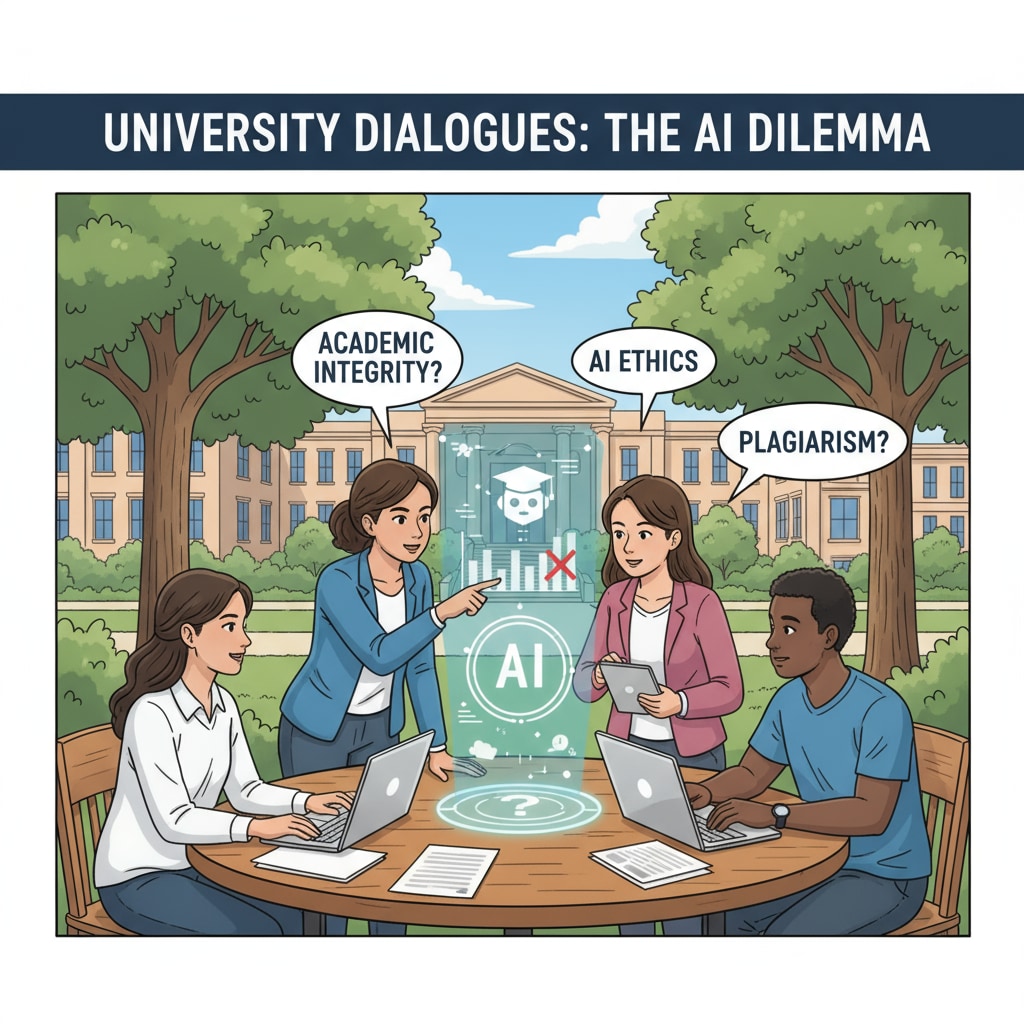 A group of students are gathered around a table on campus, having a serious discussion about AI use accusations. Students discussing AI use accusations on campus