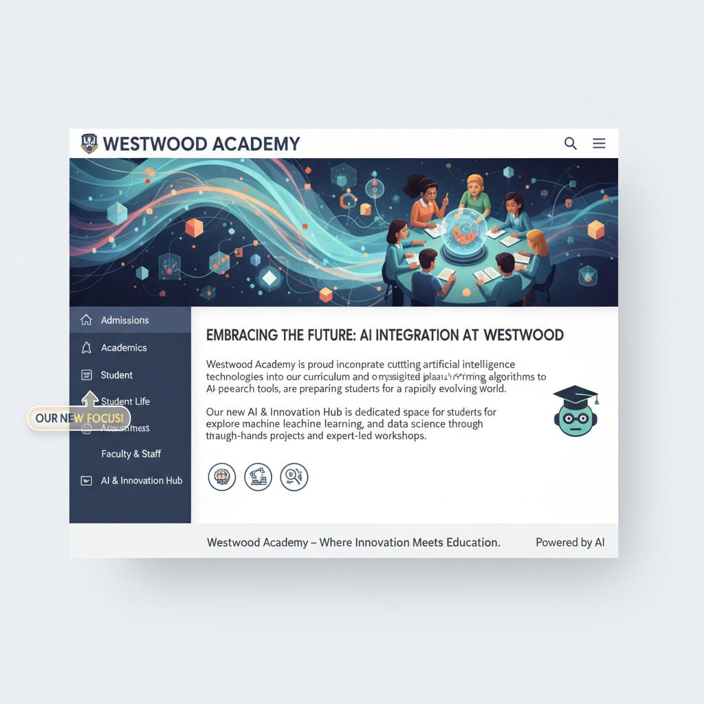 An illustration depicting a high school website with an AI-generated image in the background, highlighting the presence of AI in the school's digital presence. High school website using an AI-generated image, related to educational ethics and AI in high school context.
