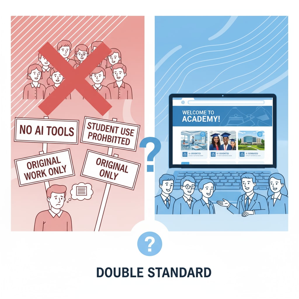 A visual representation showing a contrast between students being prohibited from using AI and the school website making use of AI-generated images, emphasizing the double standard. Double standard in AI use - students banned while school website benefits, related to high school AI-generated images and educational ethics.
