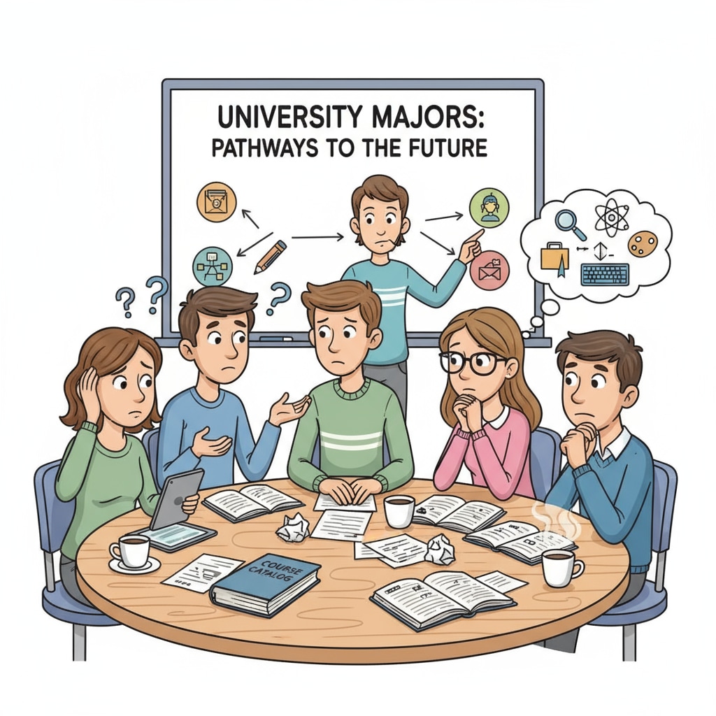 A group of students sitting in a college cafeteria, engaged in a discussion about choosing university majors. Some look confused, while others are deep in thought. Students discussing university major choices in a cafeteria, reflecting the lack of interest and confusion.