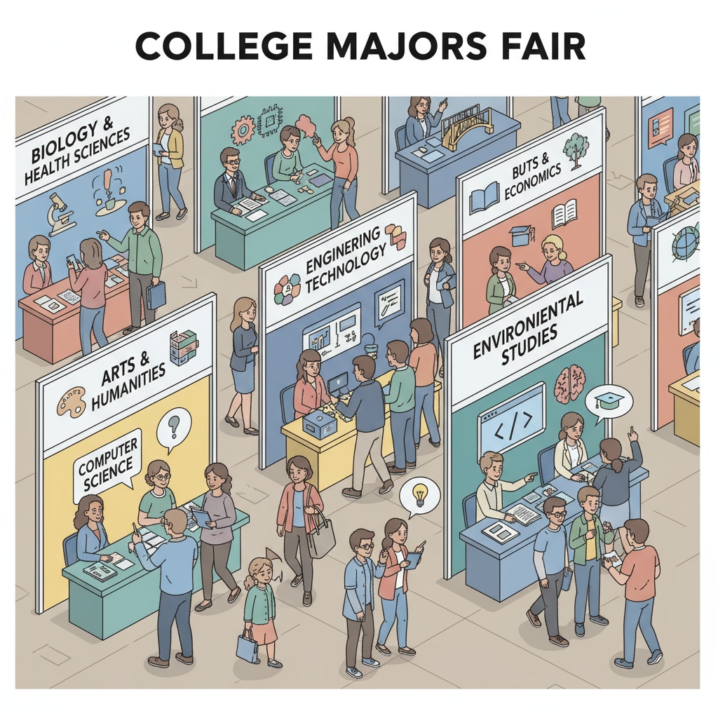 A college fair with numerous booths representing different majors. Students are walking around, looking at the displays and talking to representatives, showing curiosity. College fair scene where students are exploring different majors, influenced by social experience and trying to make decisions.