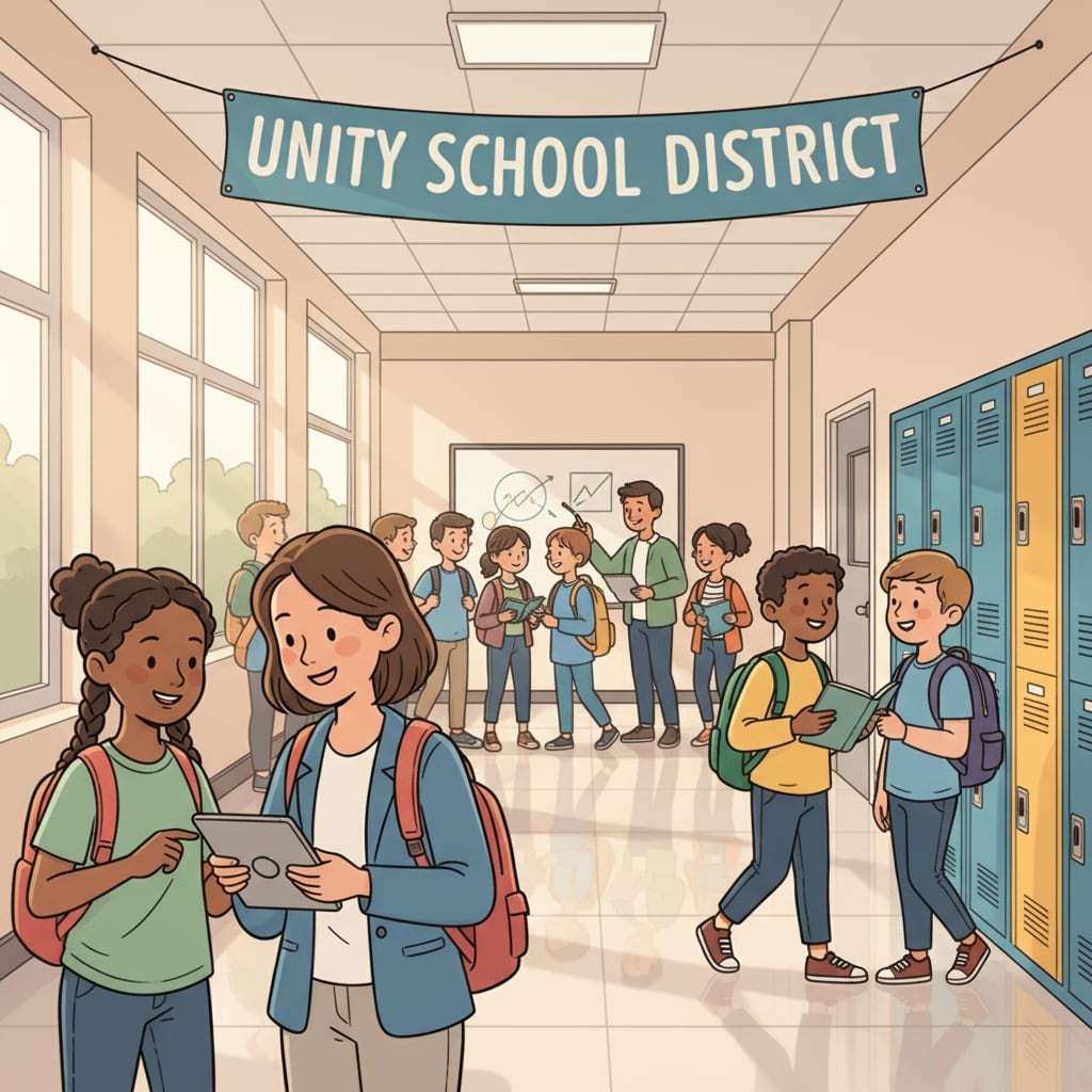 Students and teachers are seen interacting in a school hallway, showing the dynamic environment of a school district. Interaction in a school hallway related to HR in school district career transition