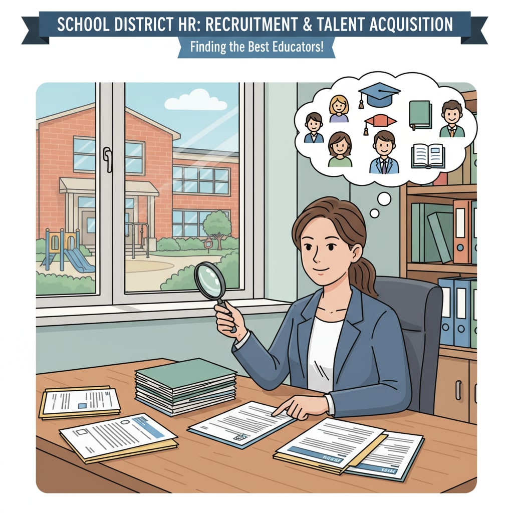 An HR director is sitting at a desk, reviewing resumes, highlighting the recruitment aspect of the HR role in a school district. HR director reviewing resumes in the context of school district HR career transition