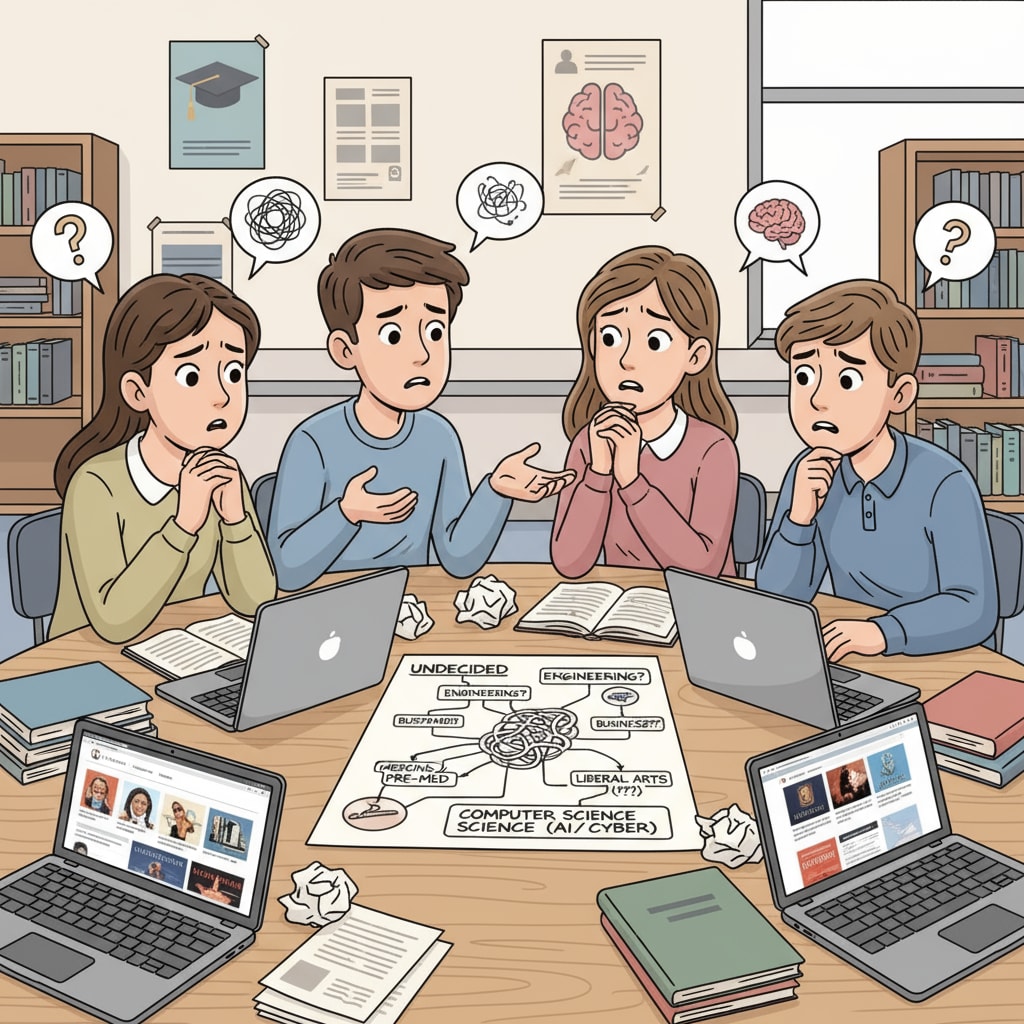 A group of high school students are sitting around a table, looking confused while discussing college majors, representing the confusion in major selection. High school students discussing college majors in a confused state, related to major selection, career planning, and interest exploration.