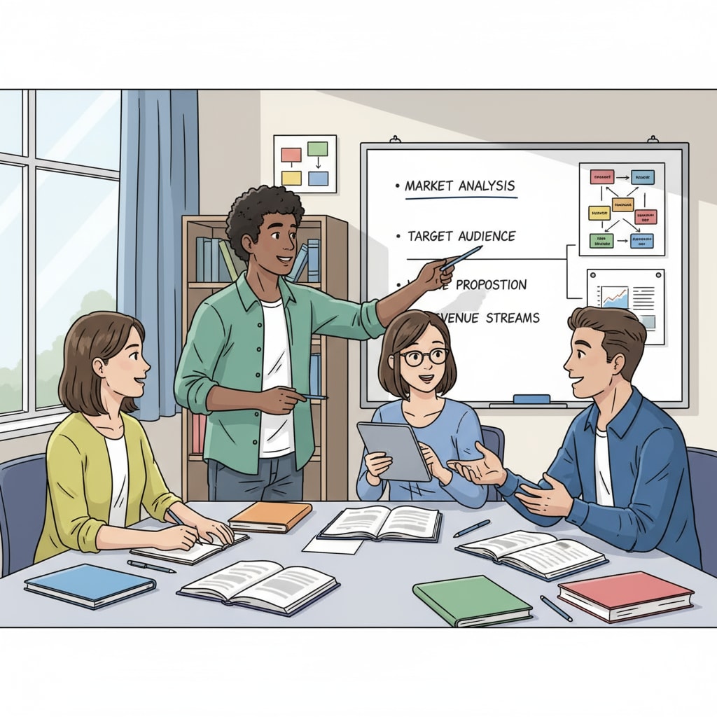 A group of students are engaged in a discussion about business concepts in a classroom setting, with whiteboards and textbooks nearby. Business students discussing concepts in a classroom, suitable for those with no strong math background exploring higher education and career paths