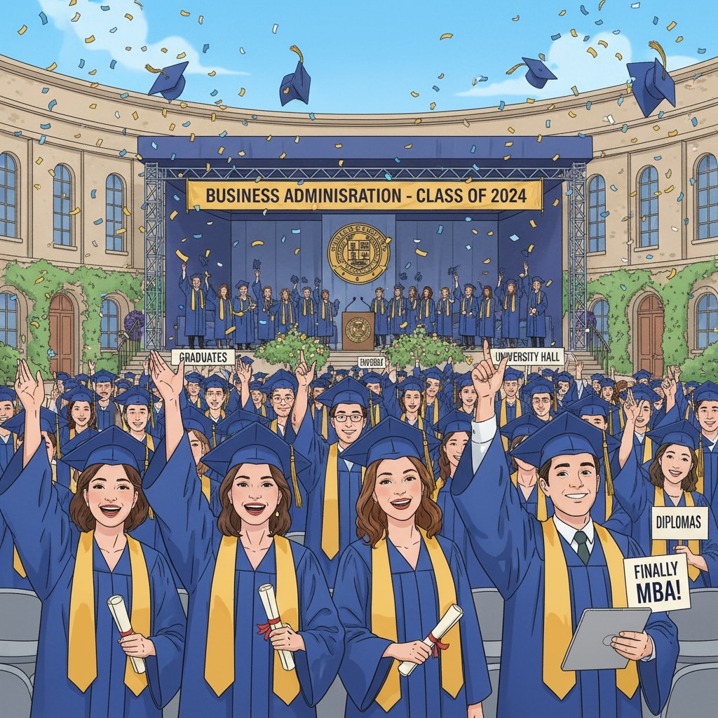 Graduates are seen celebrating their business degrees at a university graduation ceremony, with caps and gowns, and a festive atmosphere. Business graduates celebrating their degrees, relevant for those considering higher education and career paths without strong math skills