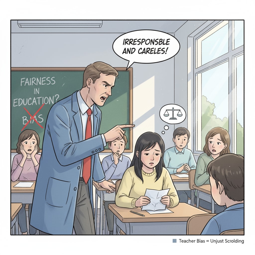 A classroom scene where a teacher is unfairly scolding a student, highlighting the issue of teacher bias. A classroom scene depicting teacher bias and student stigmatization