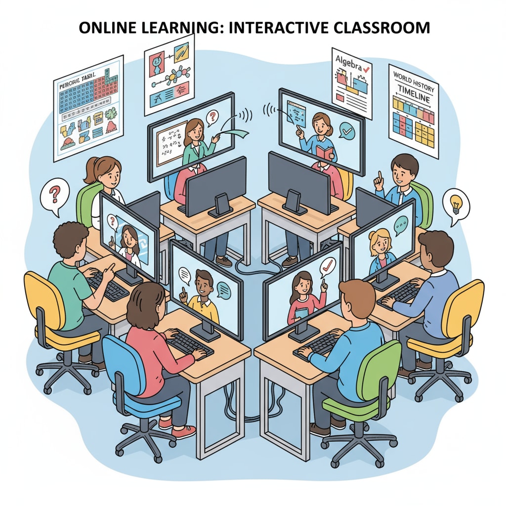 A group of secondary school students are sitting in front of their computers, actively participating in an online class, with their teachers visible on the screens. Secondary school students engaged in post-pandemic digital learning