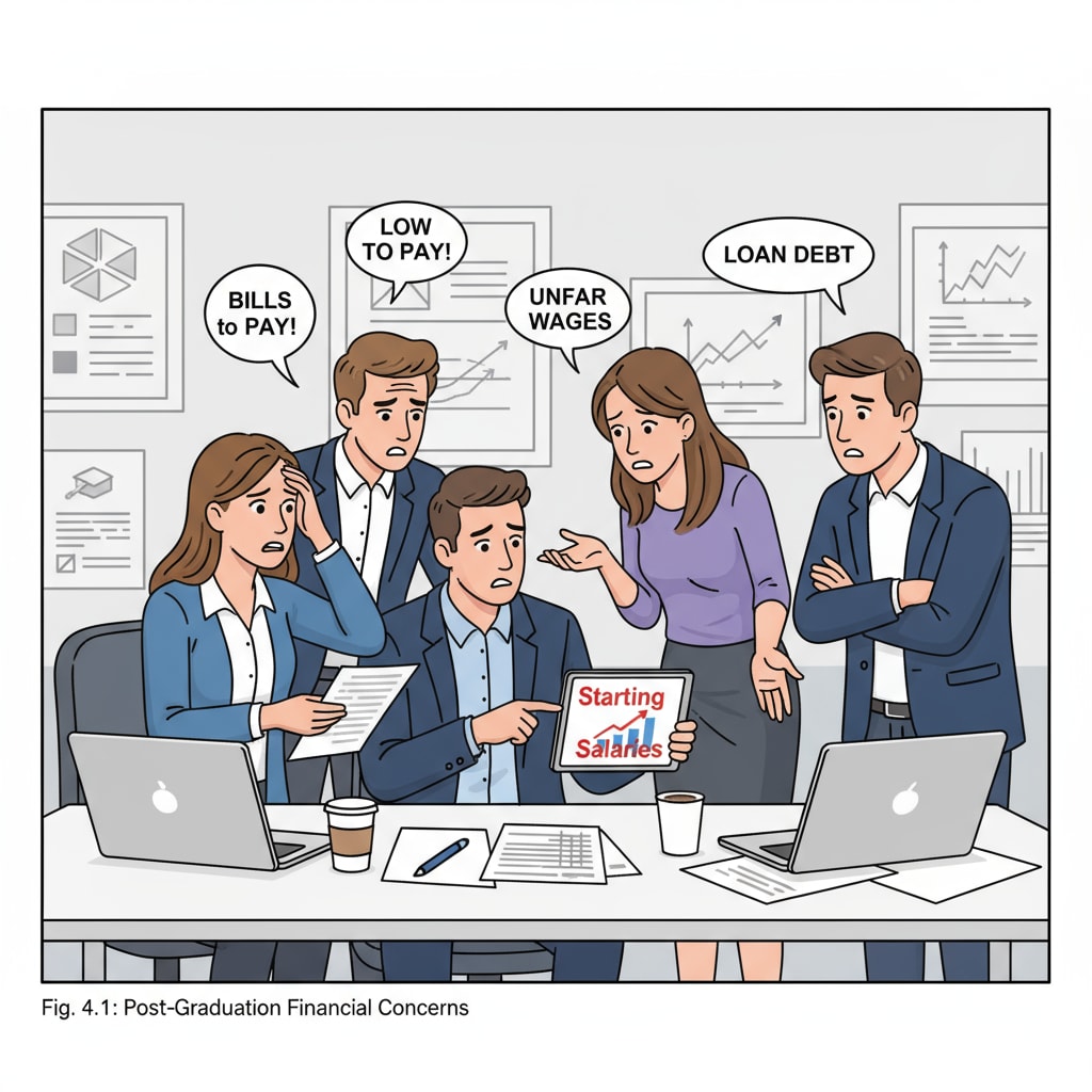 A group of university graduates looking concerned while discussing pay in a tutoring office. University graduates in an Australian tutoring office discussing low pay.