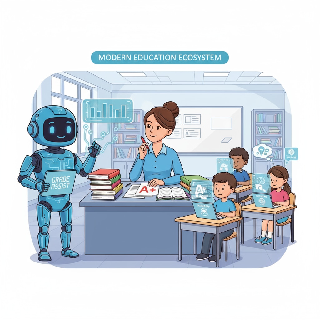 An illustration showing a teacher grading papers with an AI assistant on one side and students using AI to complete assignments on the other side AI in educational assessment and grade inflation scenario