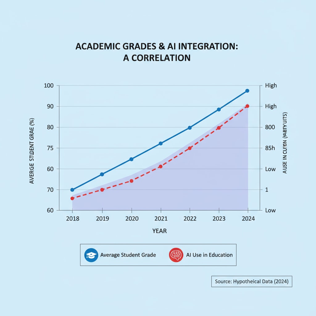 A graph depicting the rising trend of average grades over the years with the increasing use of AI in education Graph showing grade inflation due to AI in education