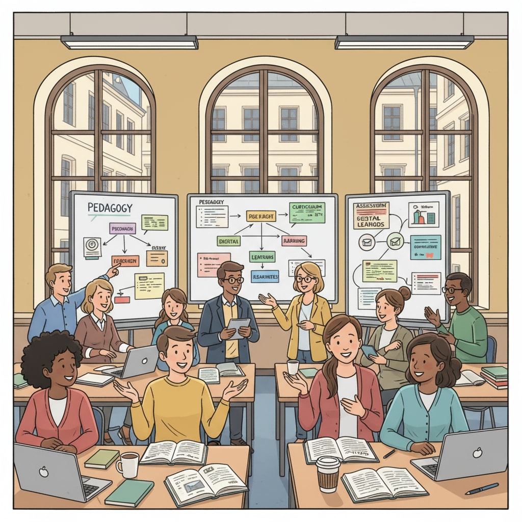 A group of students are engaged in a lively discussion about educational topics in a European university classroom, with whiteboards and textbooks in sight. Students discussing educational topics in a European university related to math and programming majors