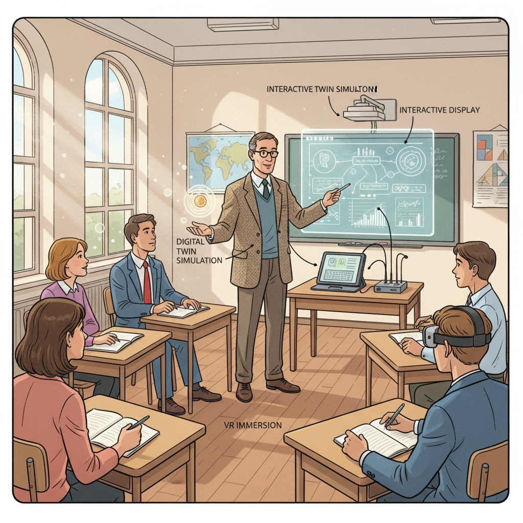 A professor is demonstrating computer-aided teaching tools in a European classroom, with students attentively watching. Professor demonstrating computer-aided teaching in a European classroom for math and programming education