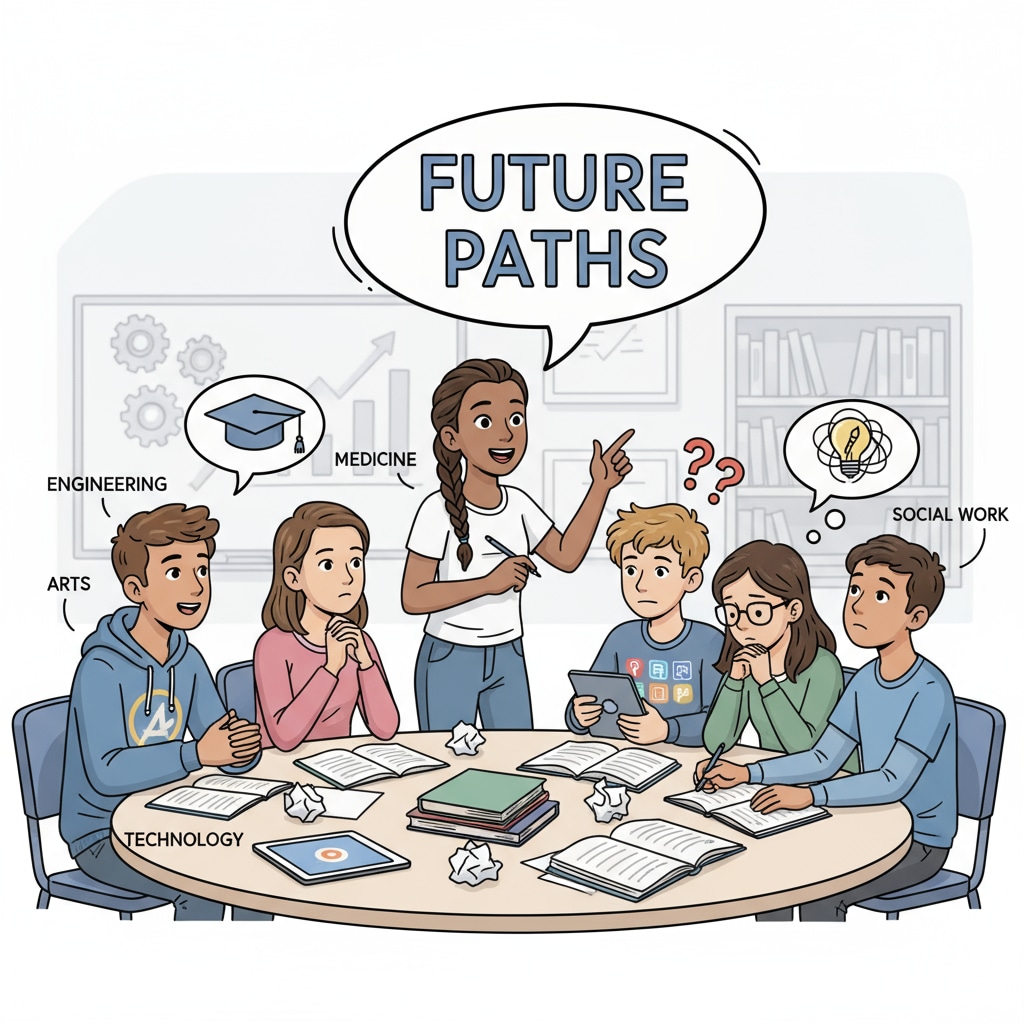 A group of teenagers are sitting together, engaged in a deep conversation about their future career plans. Some are showing enthusiasm while others seem a bit confused. Teenagers discussing career choices amidst parental pressure, with a focus on military careers