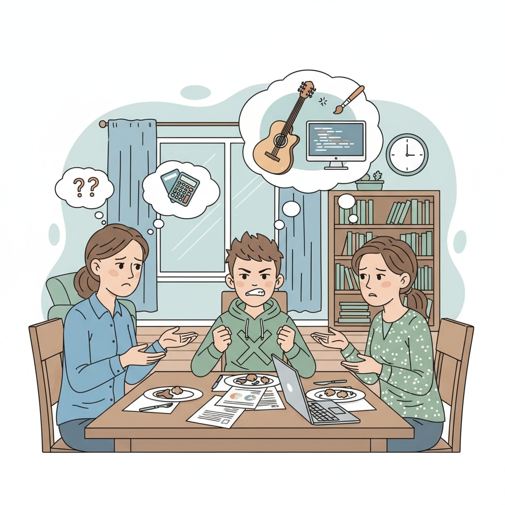 A family is gathered around a dining table. The parents have worried expressions on their faces as they talk to their teenage child, who looks frustrated and determined during the career choice discussion. Family discussing career choices with parental pressure and a teen's aspiration for a military career