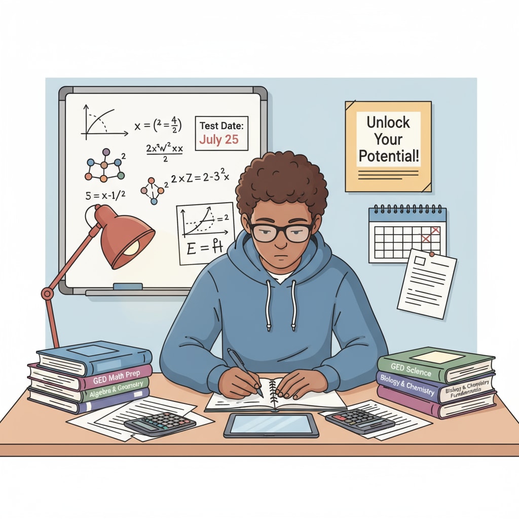 An illustration showing a student sitting at a desk, surrounded by GED math and science textbooks and study materials. A student studying GED math and science materials