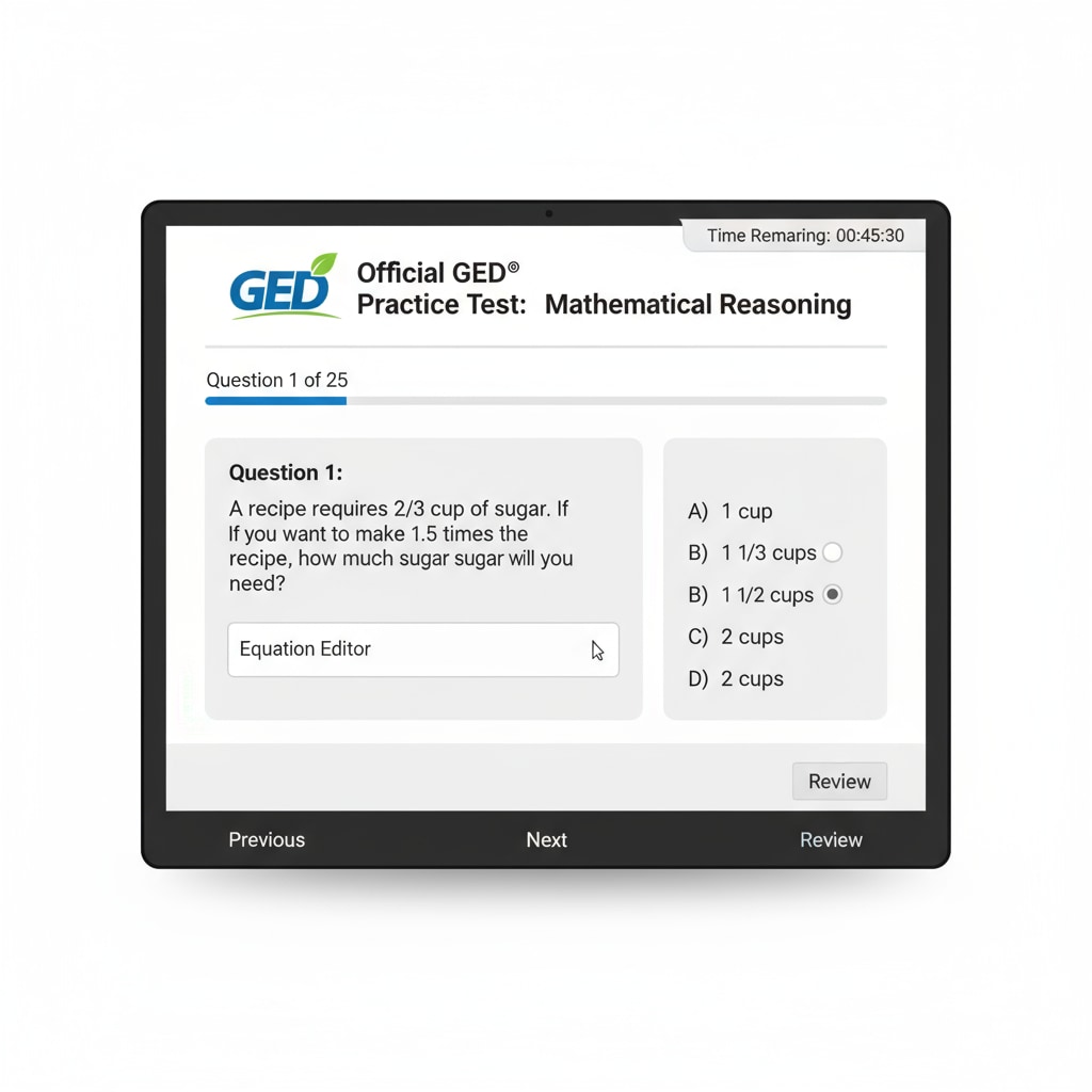A screen capture of the official GED website's math practice test page, showing sample questions and answer options. Screen capture of the official GED website's math practice test page