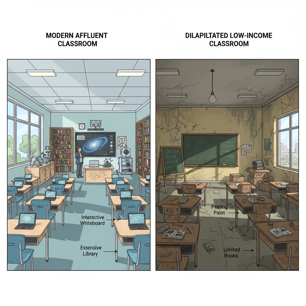 A side-by-side comparison of a modern, well-equipped classroom in an affluent area with brand-new desks, advanced teaching equipment, and a large library, and a run-down classroom in a low-income area with old desks, peeling paint, and limited resources. Comparison of classrooms in affluent and low-income areas in American schools