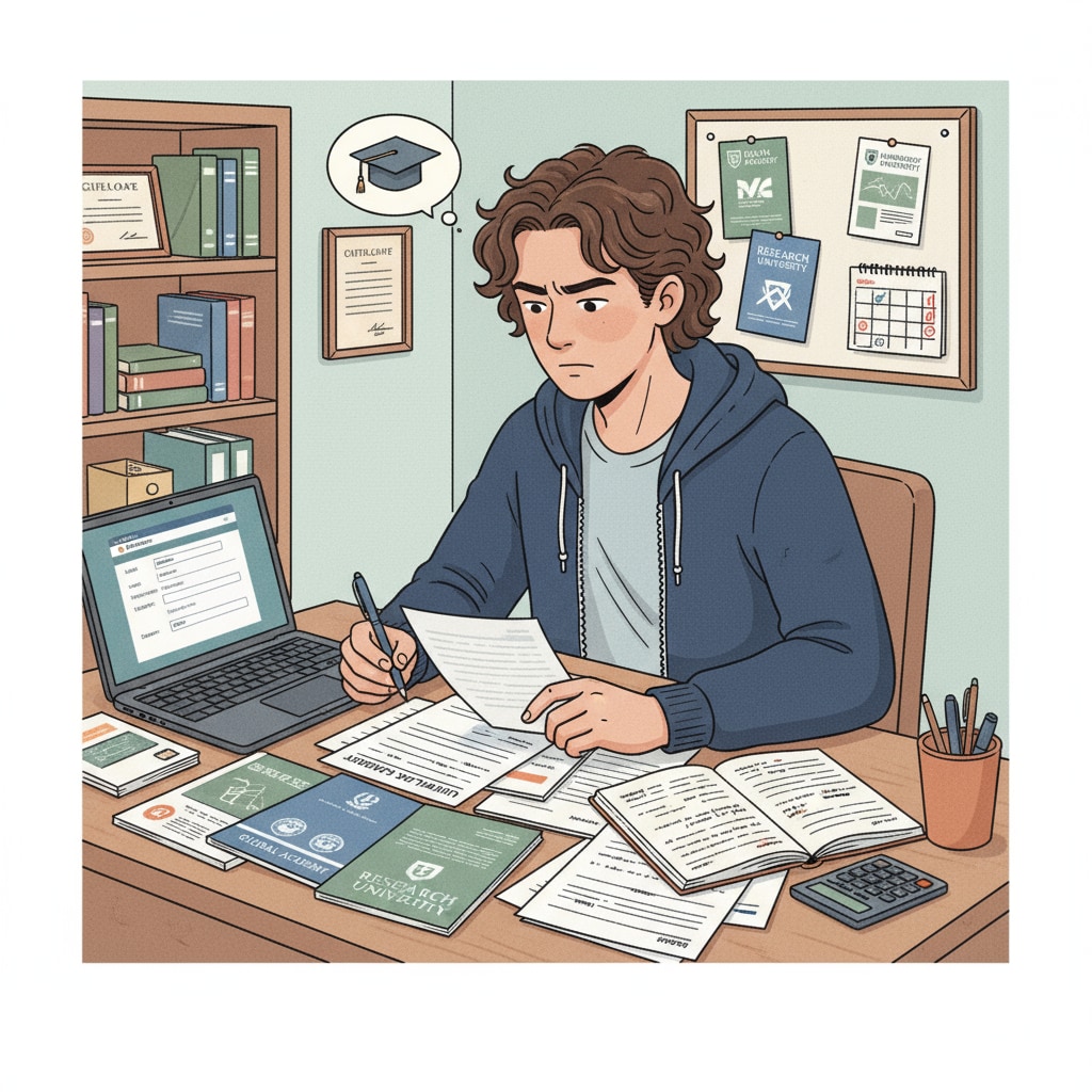 A student is sitting at a desk, looking intently at various university application materials spread out in front of them, showing determination and focus. A student focused on university application materials related to university applications, scholarships, and extracurricular activities