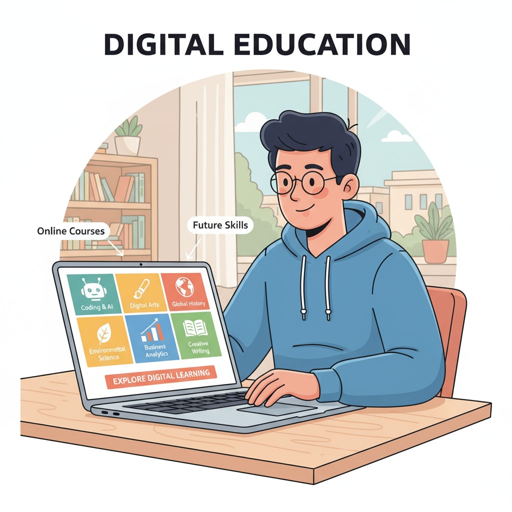 A person is sitting in front of a laptop, with the screen displaying a variety of online courses, indicating their exploration of digital learning resources. A person exploring online courses for university applications, scholarships, and extracurricular activities