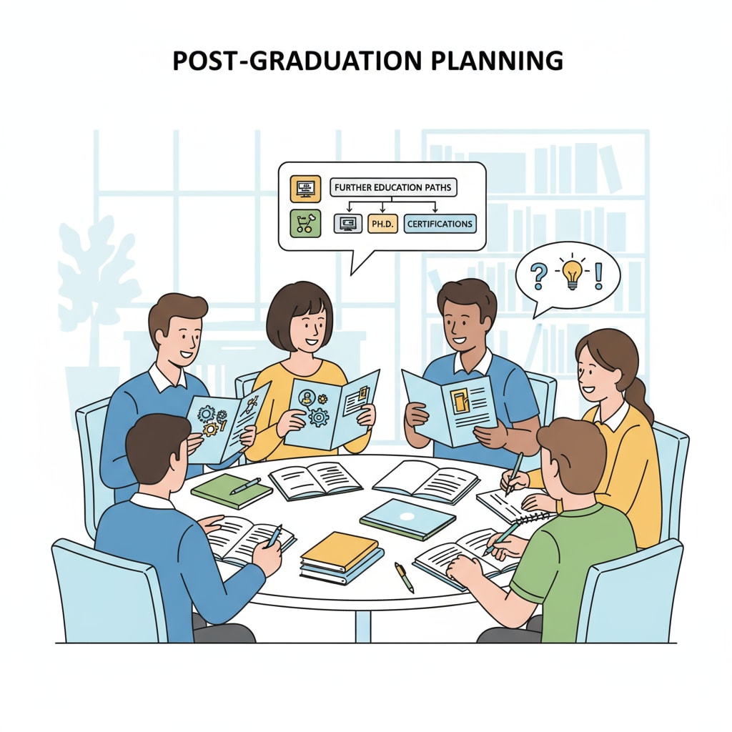 A group of graduates is engaged in a lively discussion, with some pointing at career brochures and others jotting down notes about further education opportunities. Graduates discussing career choices and further education