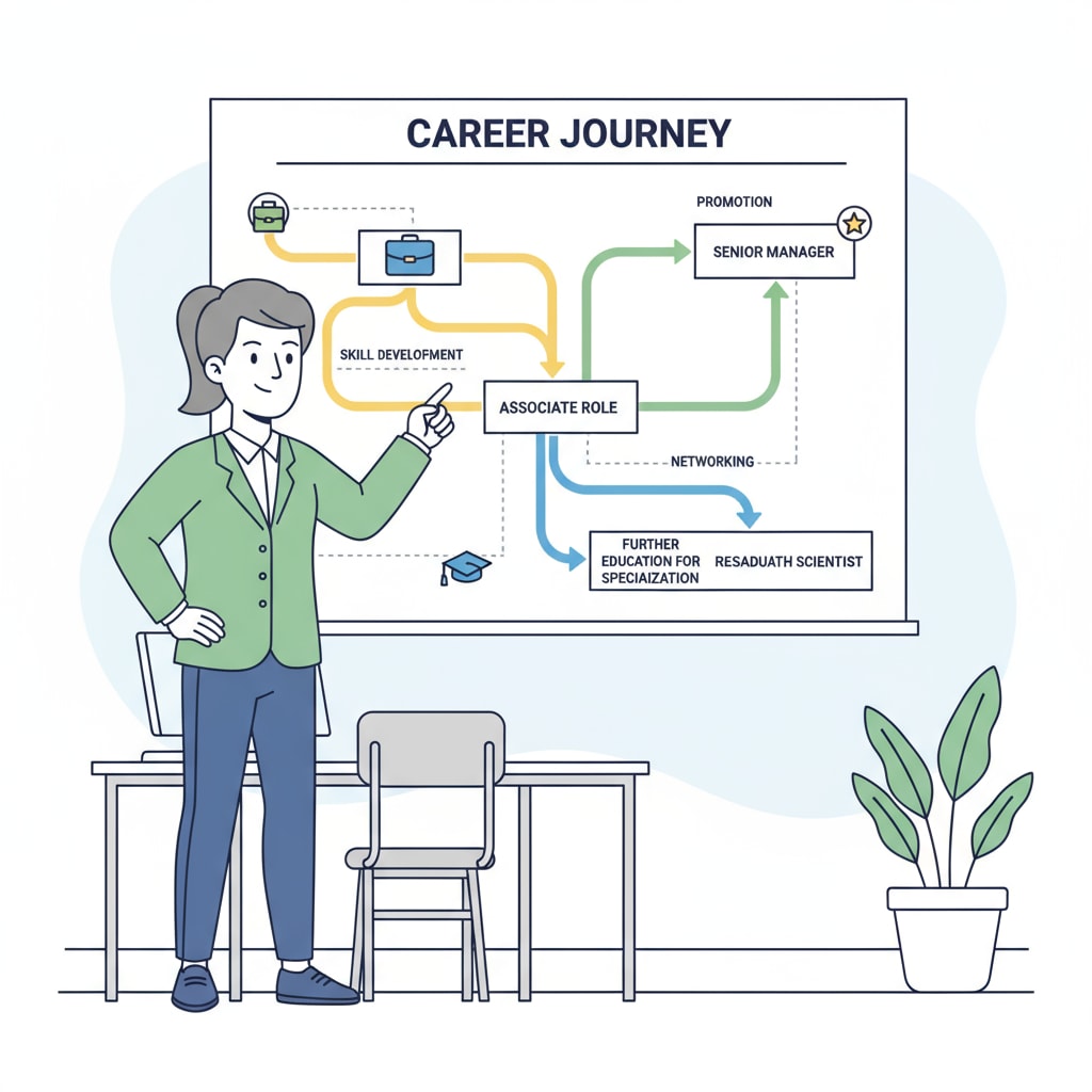 A person is standing in front of a large career map on the wall. The map has various paths marked, such as 'entry - level job', 'promotion', and 'further education for specialization'. Person evaluating career paths including those related to further education