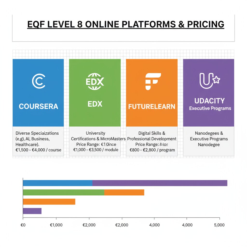 A graphic presenting different online platforms offering EQF 8 courses along with their price ranges. Online platforms offering EQF 8 courses and prices