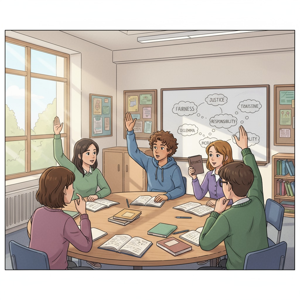 A group of students in a classroom are engaged in a lively discussion about moral and ethical issues. They are sitting around a table, with some raising their hands to share their thoughts. Students discussing moral philosophy, ethics, empathy, and education in a classroom