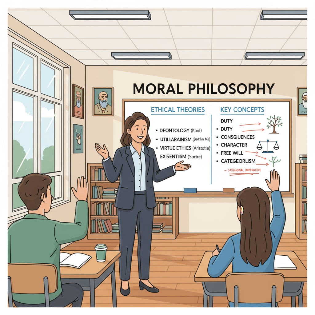 A teacher is standing in front of a whiteboard, leading a class discussion on moral philosophy topics. The whiteboard has some notes about different ethical theories. Teacher leading a class on moral philosophy, ethics, empathy, and education