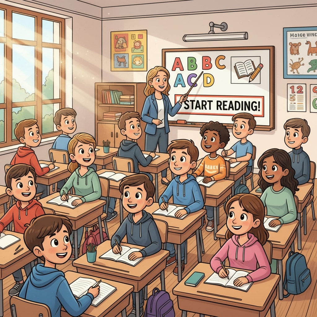 A group of teenagers are sitting at desks. They have a positive expression on their faces, and are looking at the teacher, eager to start learning basic literacy skills. Teenagers eager to learn basic literacy in an educational setting