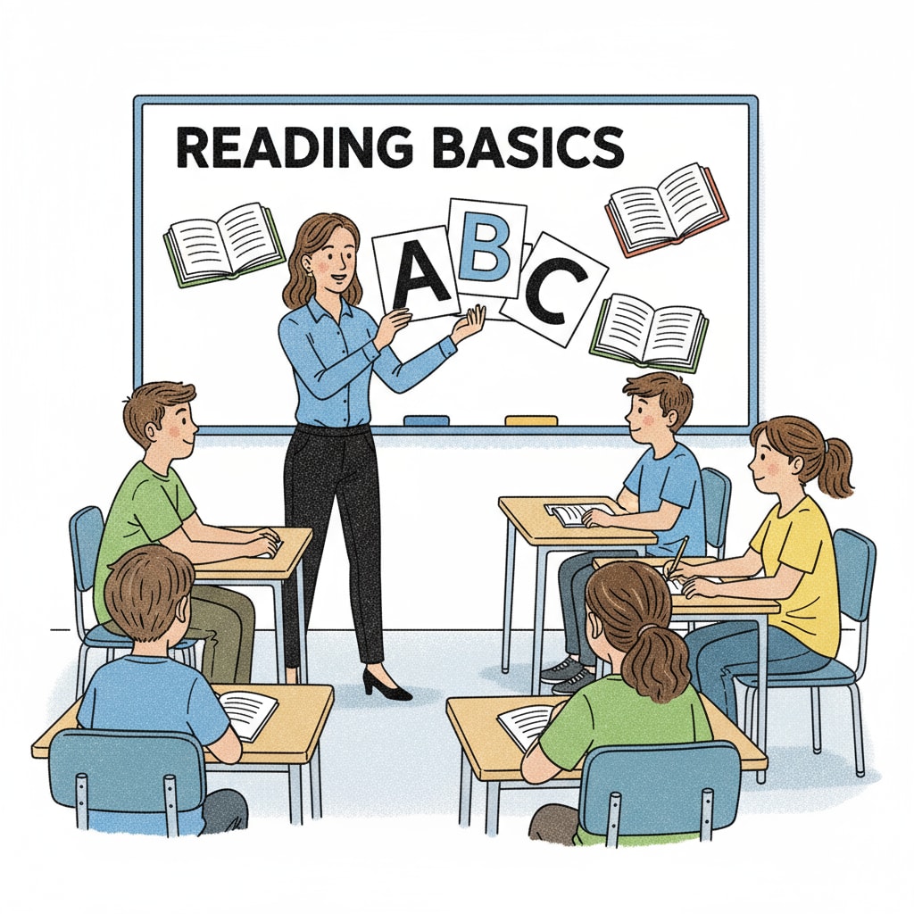 A teacher is standing in front of a group of teens, holding flashcards with large letters on them to teach basic literacy. Teacher using flashcards to teach basic literacy to adolescents
