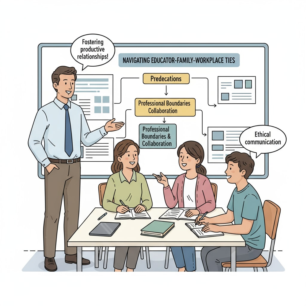 A group of students and an educator are engaged in a friendly yet professional interaction, which can be related to the relationship between educators and student relatives in the workplace. An image showing the interaction between an educator and student relatives in a workplace setting