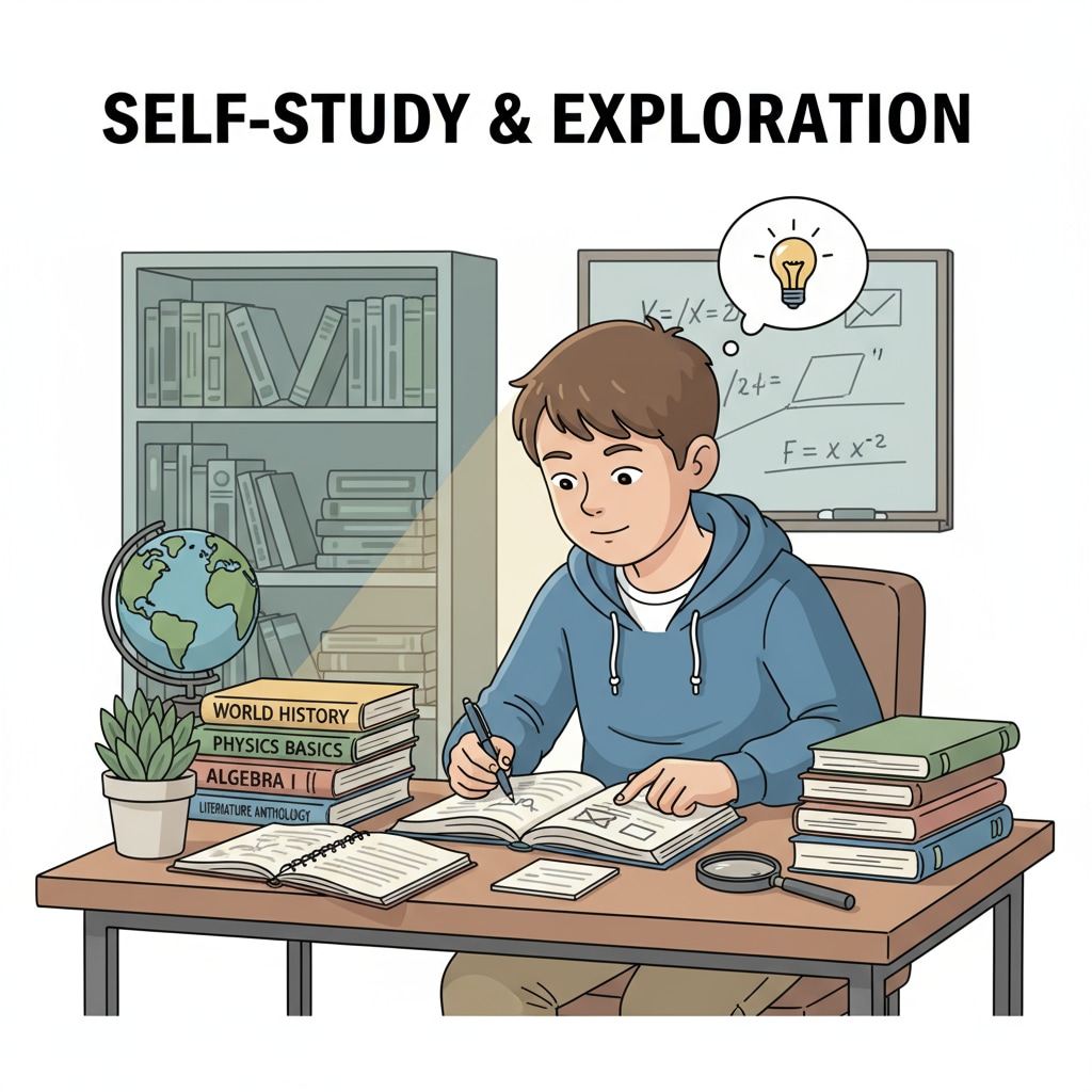 A single K12 student is sitting at a study desk, surrounded by books, concentrating on self-study. K12 student engaged in self-study