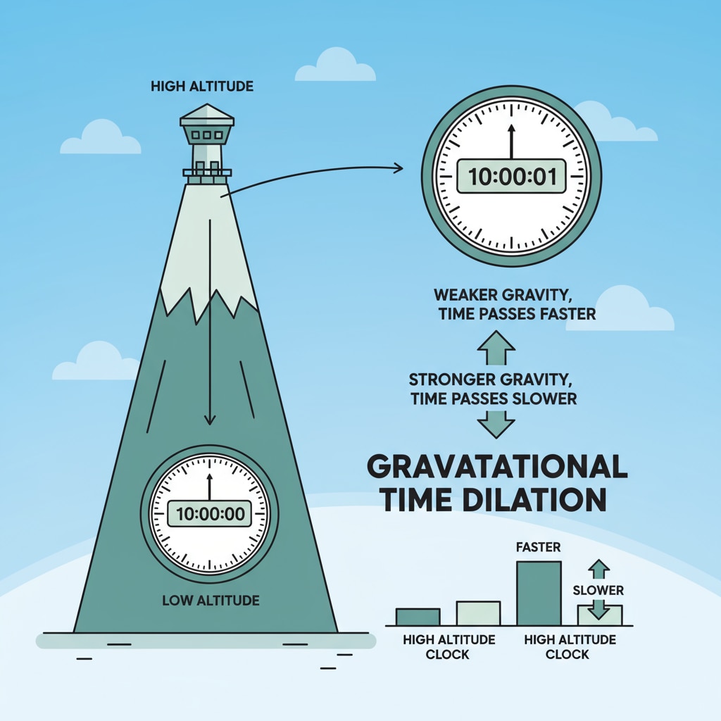 A visual comparison of two clocks at different altitudes to show the effect of gravity on timekeeping, highlighting the concept of time dilation. An image demonstrating the difference in timekeeping of clocks at different altitudes related to gravity and relativity.