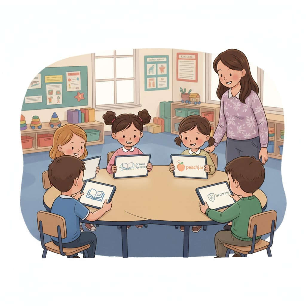 A group of children using tablets in a kindergarten classroom, with the logos of School Account Systems, Peachjar, and Securely faintly visible on the screens Children using tablets with School Account Systems, Peachjar, and Securely logos in kindergarten
