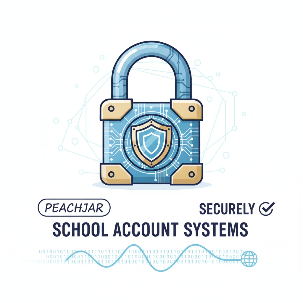 A close-up of a padlock symbolizing data security, with the words School Account Systems, Peachjar, and Securely written nearby Padlock symbolizing data security with School Account Systems, Peachjar, and Securely