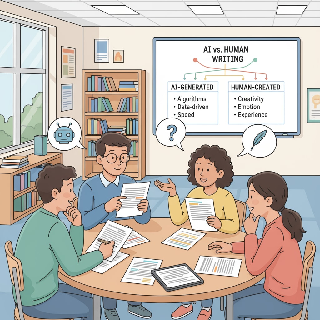 A classroom scene where students are engaged in discussing AI and human writing. Some students are gathered around a table, looking at samples of texts and having a lively conversation. Students discussing AI and human writing in a classroom setting related to AI writing, authenticity, and writing style