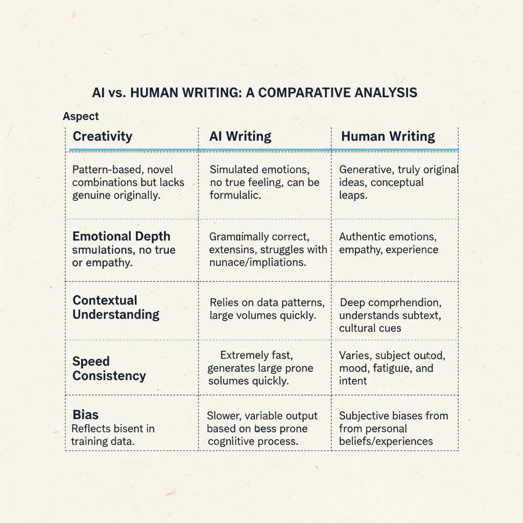 A comparison chart showing features of AI and human writing. The chart has columns for different aspects like creativity, emotional depth, and language use, with clear differences marked between AI and human writing. Comparison chart of AI and human writing features relevant to AI writing, authenticity, and writing style