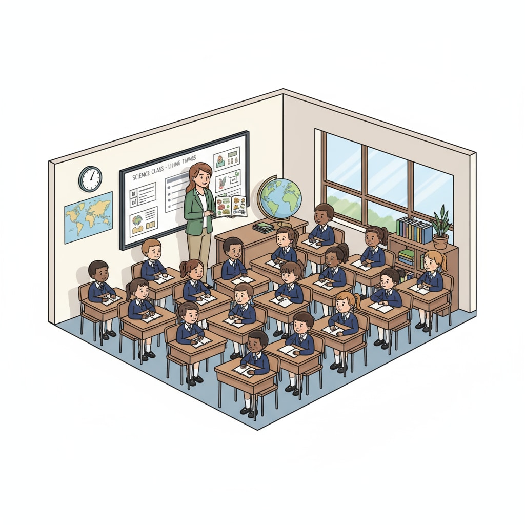 A classroom scene where students are sitting quietly, following the teacher's instructions. The students are in uniform rows, with a teacher standing at the front of the class, holding a book. A classroom setting emphasizing obedience over curiosity