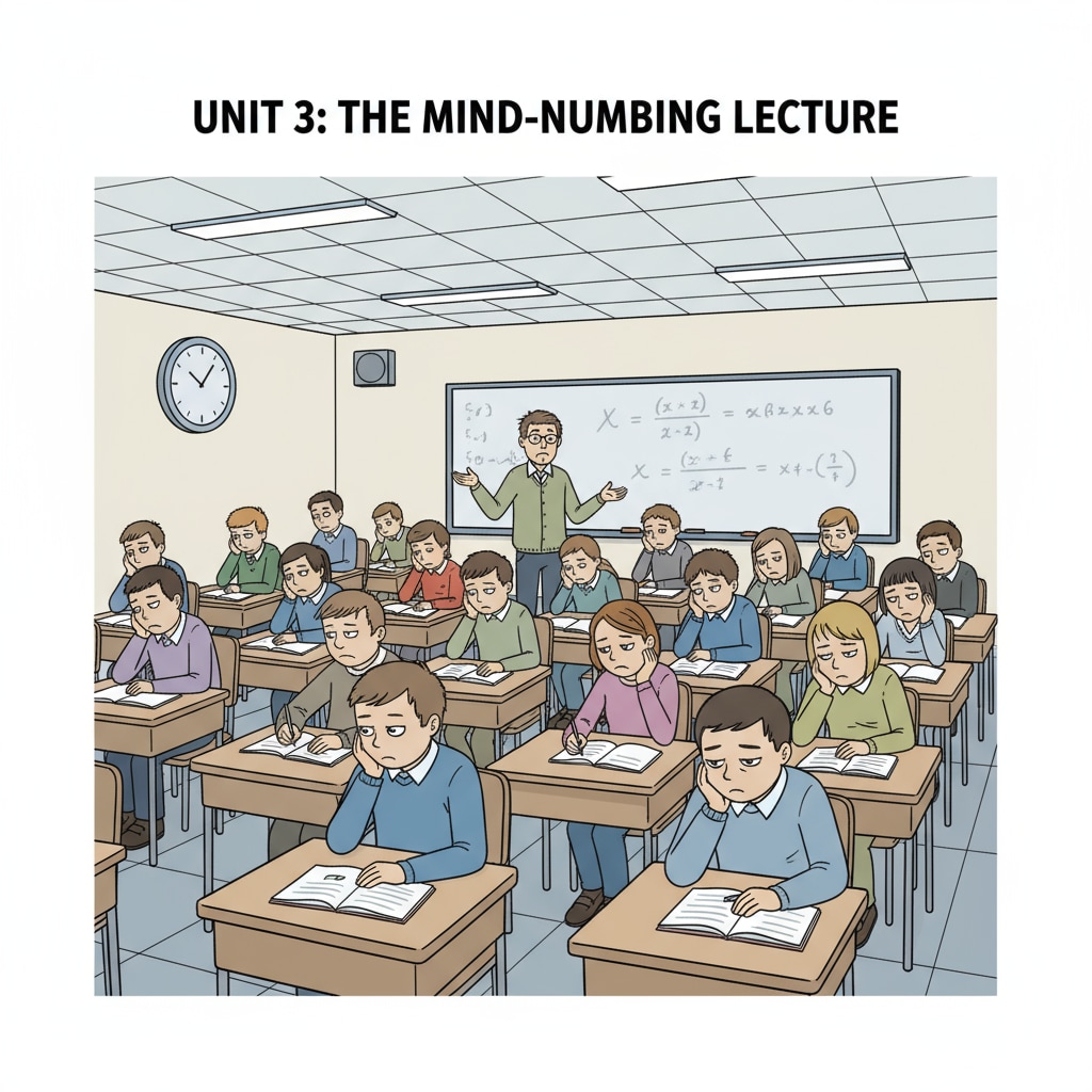 A group of students sitting in rows, looking bored in a classroom. The students have a dull expression on their faces as they listen to the teacher. Bored students in a classroom due to a lack of curiosity - stimulating teaching